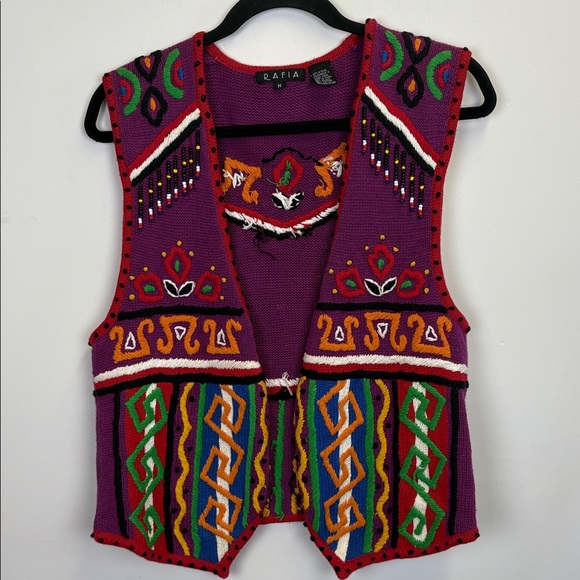 Rafia Sweaters - Vintage 80’s Rafia Colorful Embroidered Vest with beaded fringe/ Size medium